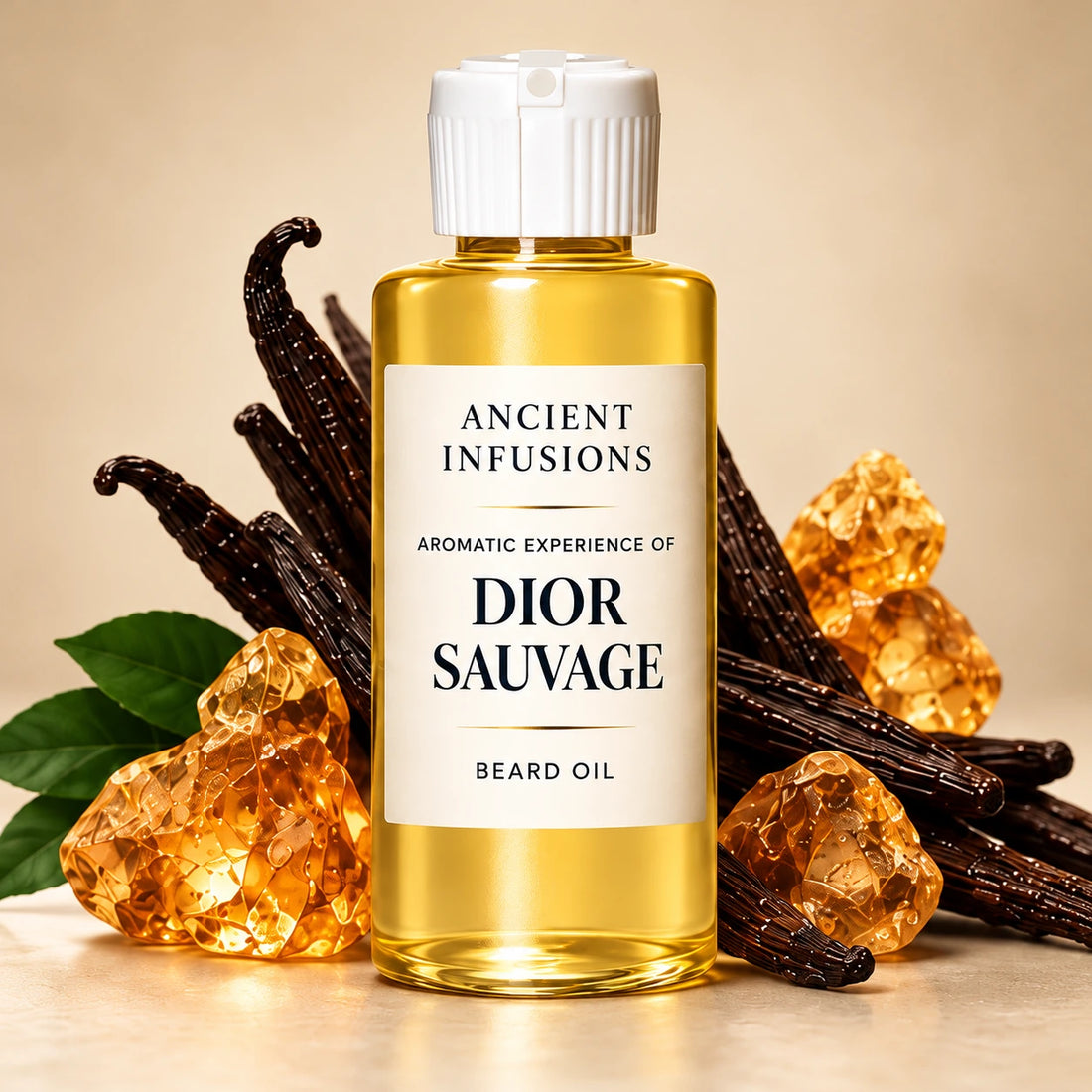 Ancient Infusions Dior Sauvage inspired beard oil bottle with a white cap and aromatic experience label on a cream background