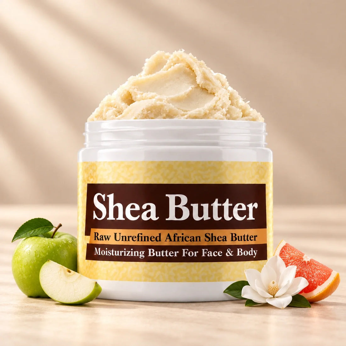 DKNY Be Delicious Shea Butter in an open white jar with textured ivory shea butter and simple scent accents on a soft cream background.