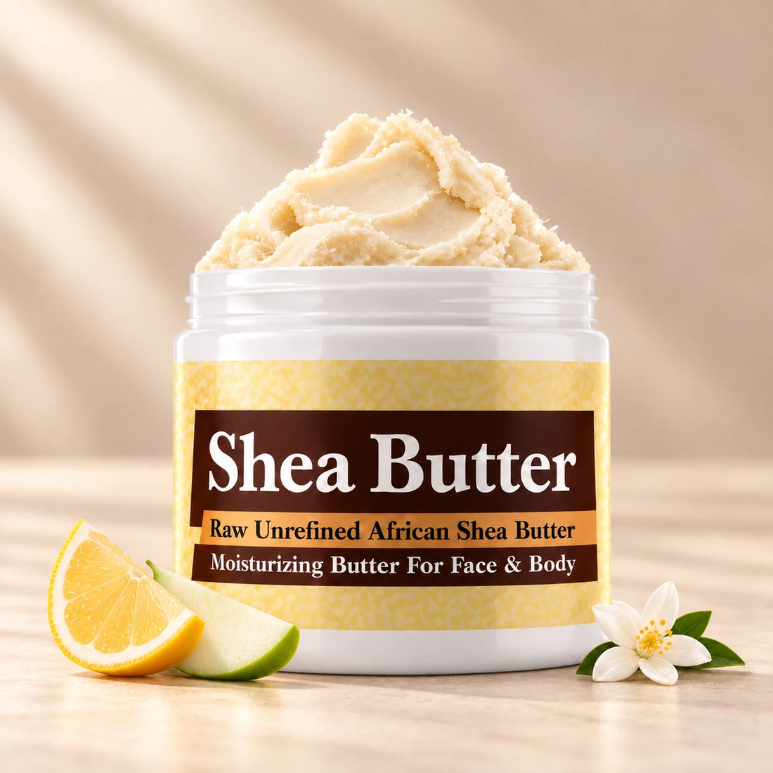 Dolce & Gabbana Light Blue Shea Butter in an open white jar with textured ivory shea butter and simple scent accents on a soft cream background.