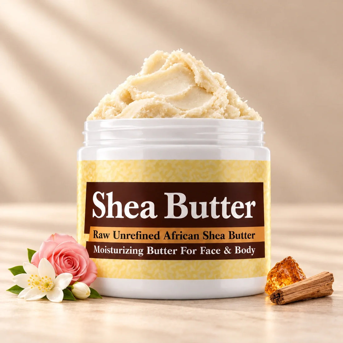 Egyptian Musk Shea Butter in an open white jar with textured ivory shea butter and subtle scent accents on a soft cream background.
