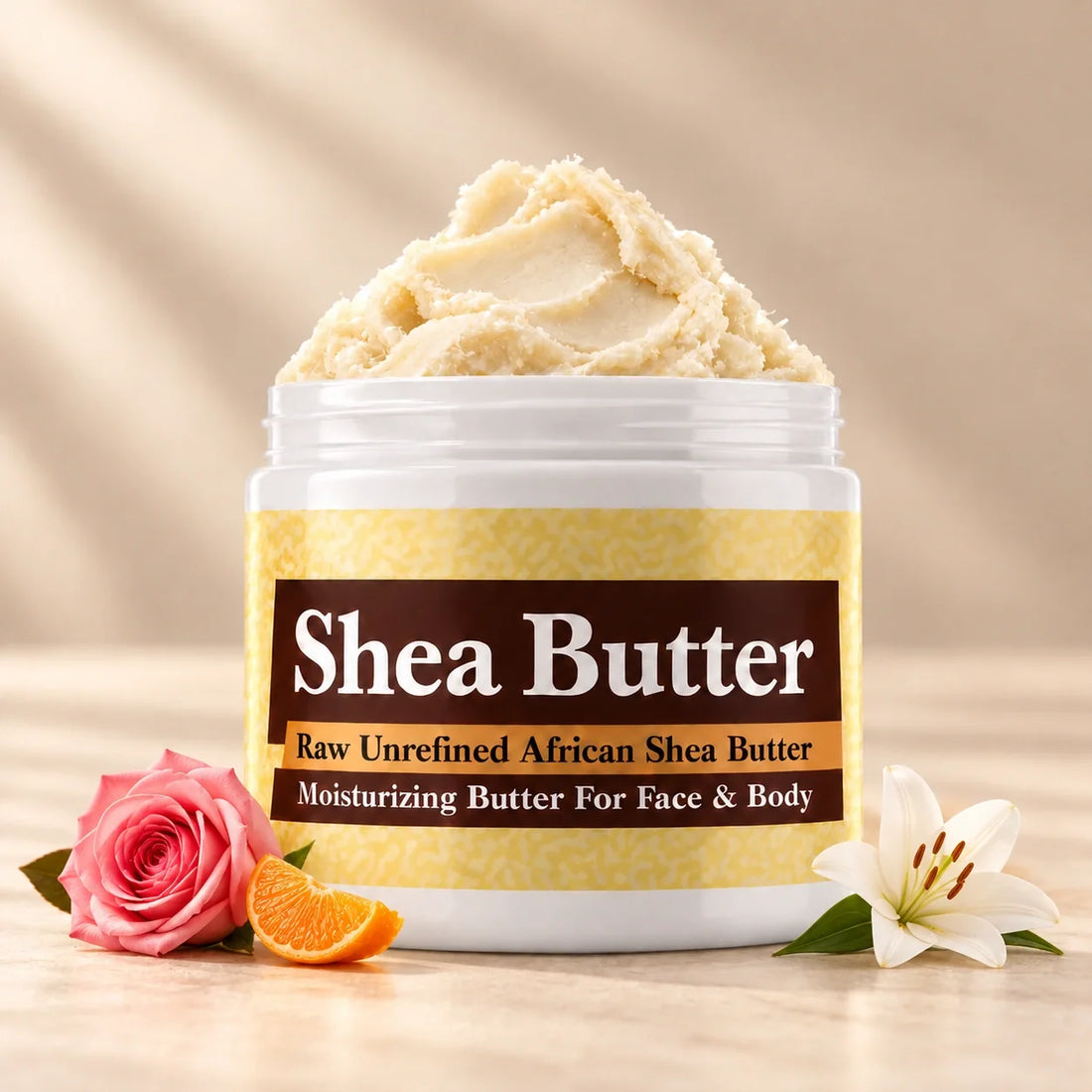Estee Lauder Beautiful Shea Butter in an open white jar with textured ivory shea butter and simple scent accents on a soft cream background.
