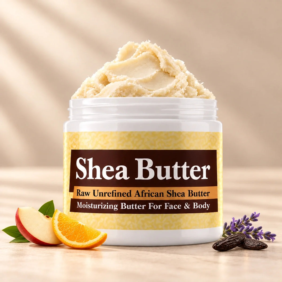 A&F First Instinct Blue Shea Butter in an open white jar with textured ivory shea butter and subtle scent accents on a soft cream background.