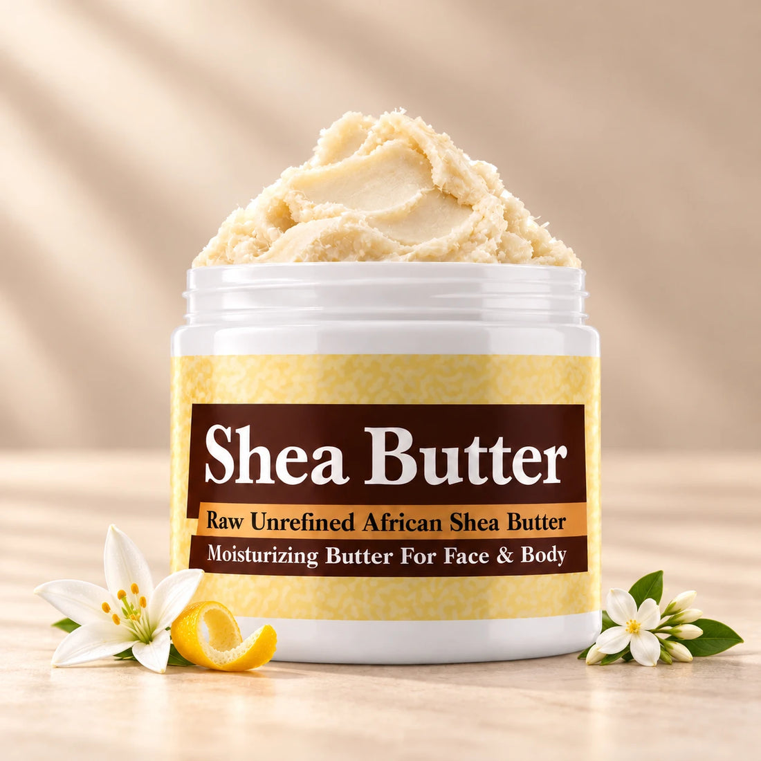 Fresh Linen Shea Butter in an open white jar with textured ivory shea butter and simple scent accents on a soft cream background.