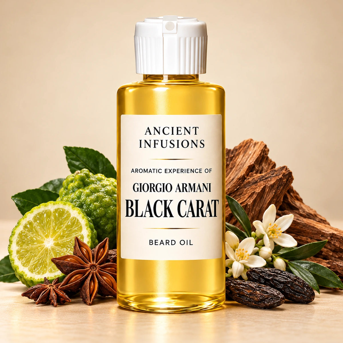 Ancient Infusions Giorgio Armani Black Carat aromatic experience beard oil bottle with a white cap and cream label
