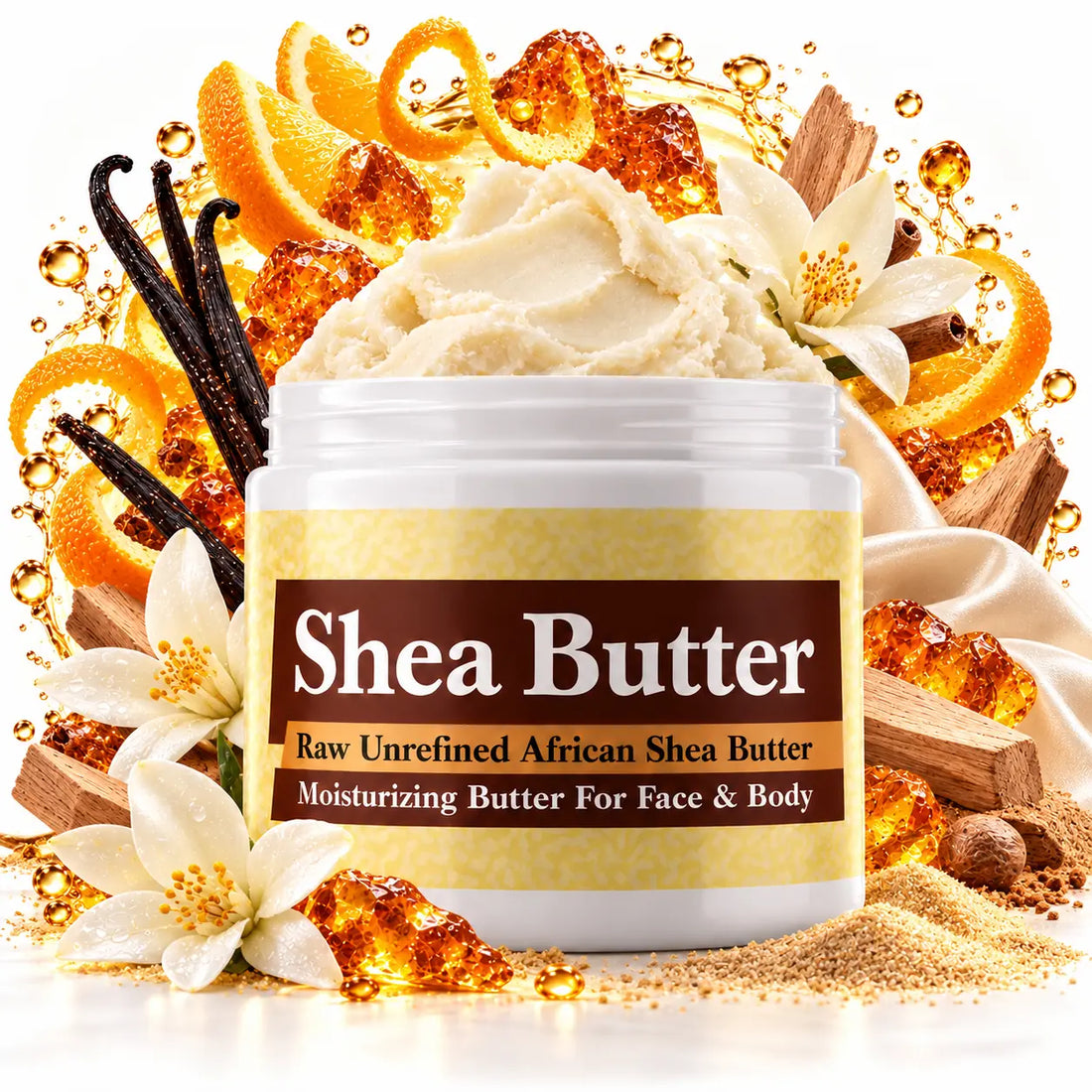 Golden Sand shea butter jar with soft citrus, light spice, golden amber, resin, vanilla, sandalwood and musk fragrance halo.