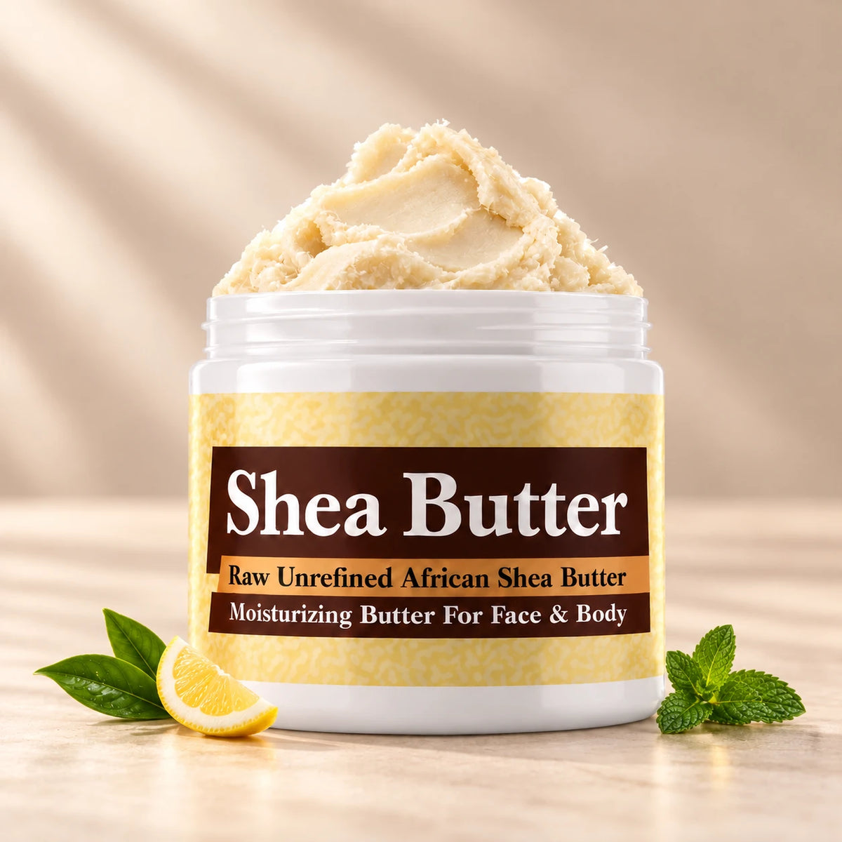 Green Tea Shea Butter in an open white jar with textured ivory shea butter and simple scent accents on a soft cream background.