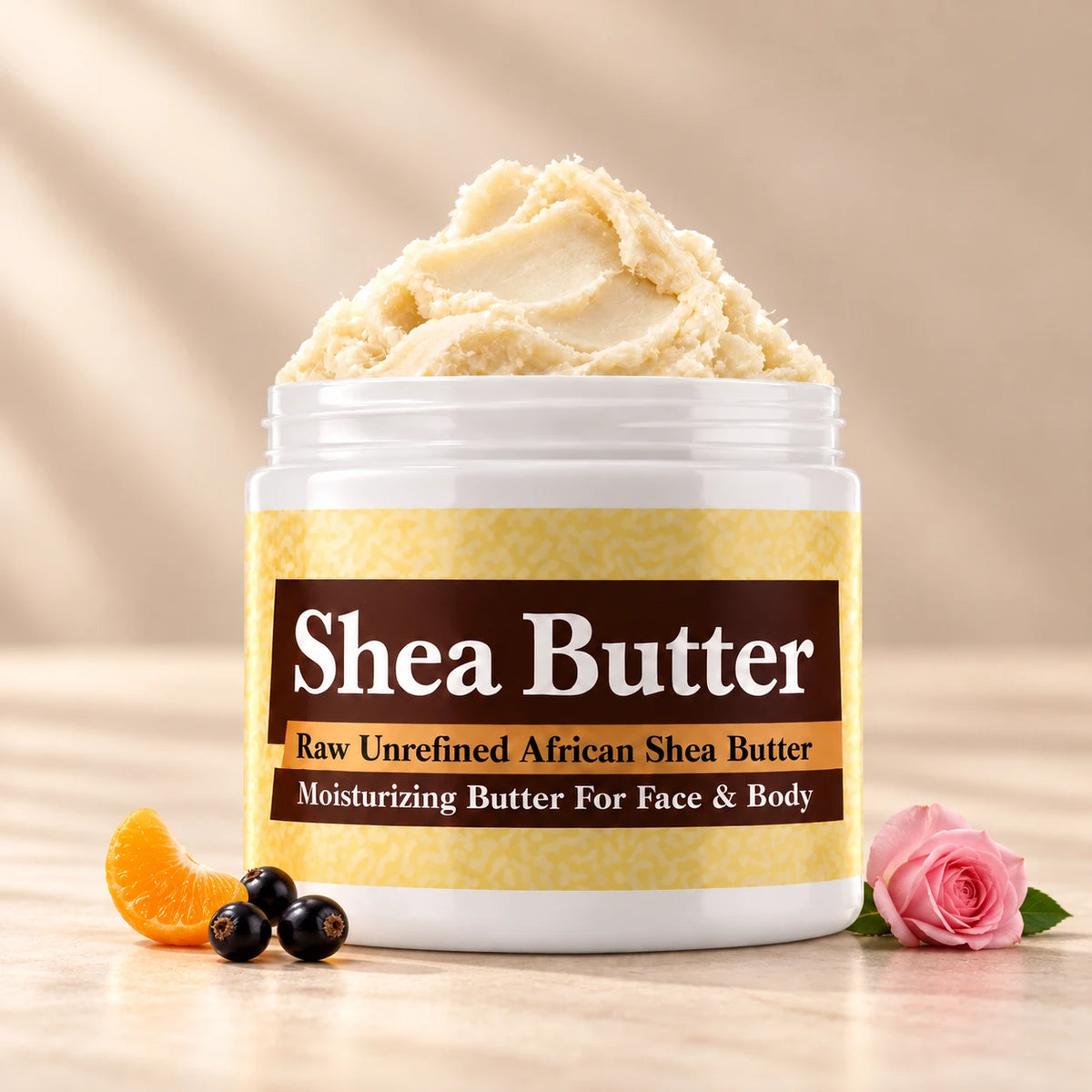 Gucci No 2 Shea Butter in an open white jar with textured ivory shea butter and simple scent accents on a soft cream background.