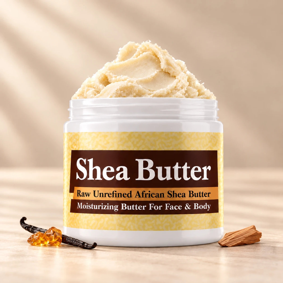 Hug My Neck Shea Butter in an open white jar with textured ivory shea butter and simple scent accents on a soft cream background.