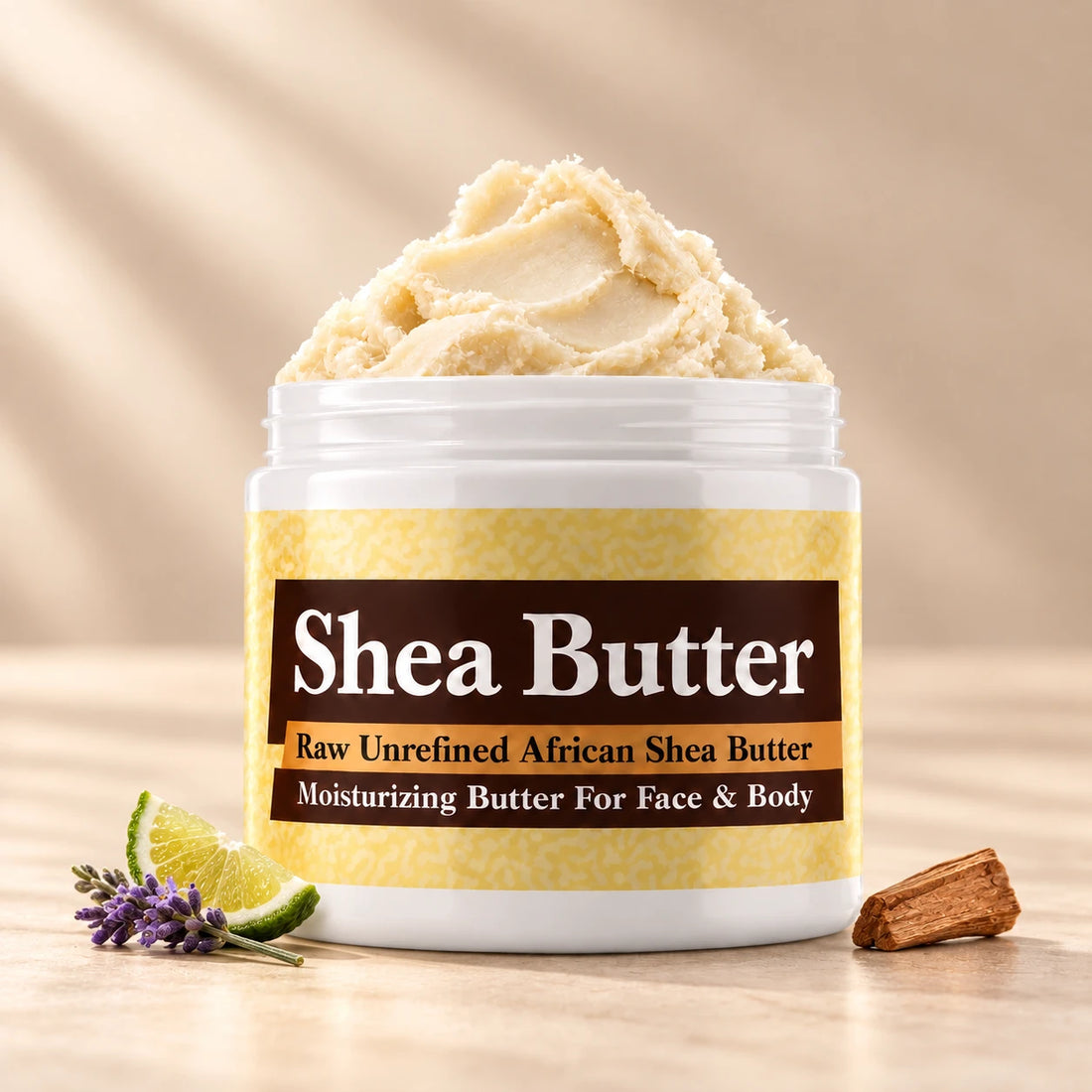 Iceberg Shea Butter in an open white jar with textured ivory shea butter and simple scent accents on a soft cream background.