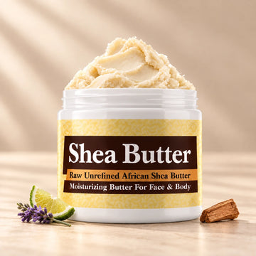 Iceberg Shea Butter in an open white jar with textured ivory shea butter and simple scent accents on a soft cream background.