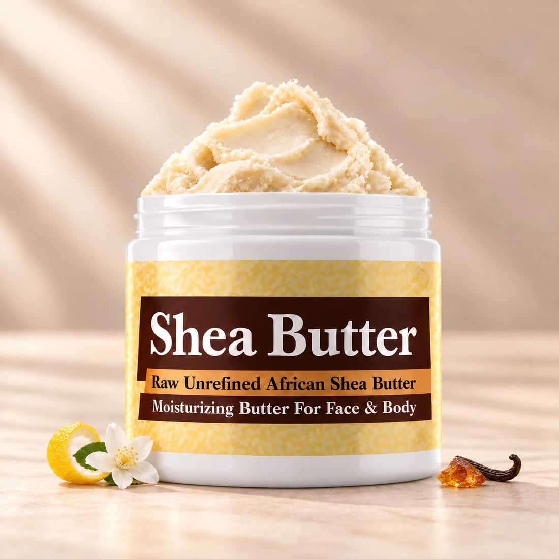 Imported Amber White Shea Butter in an open white jar with textured ivory shea butter and subtle scent accents on a soft cream background.