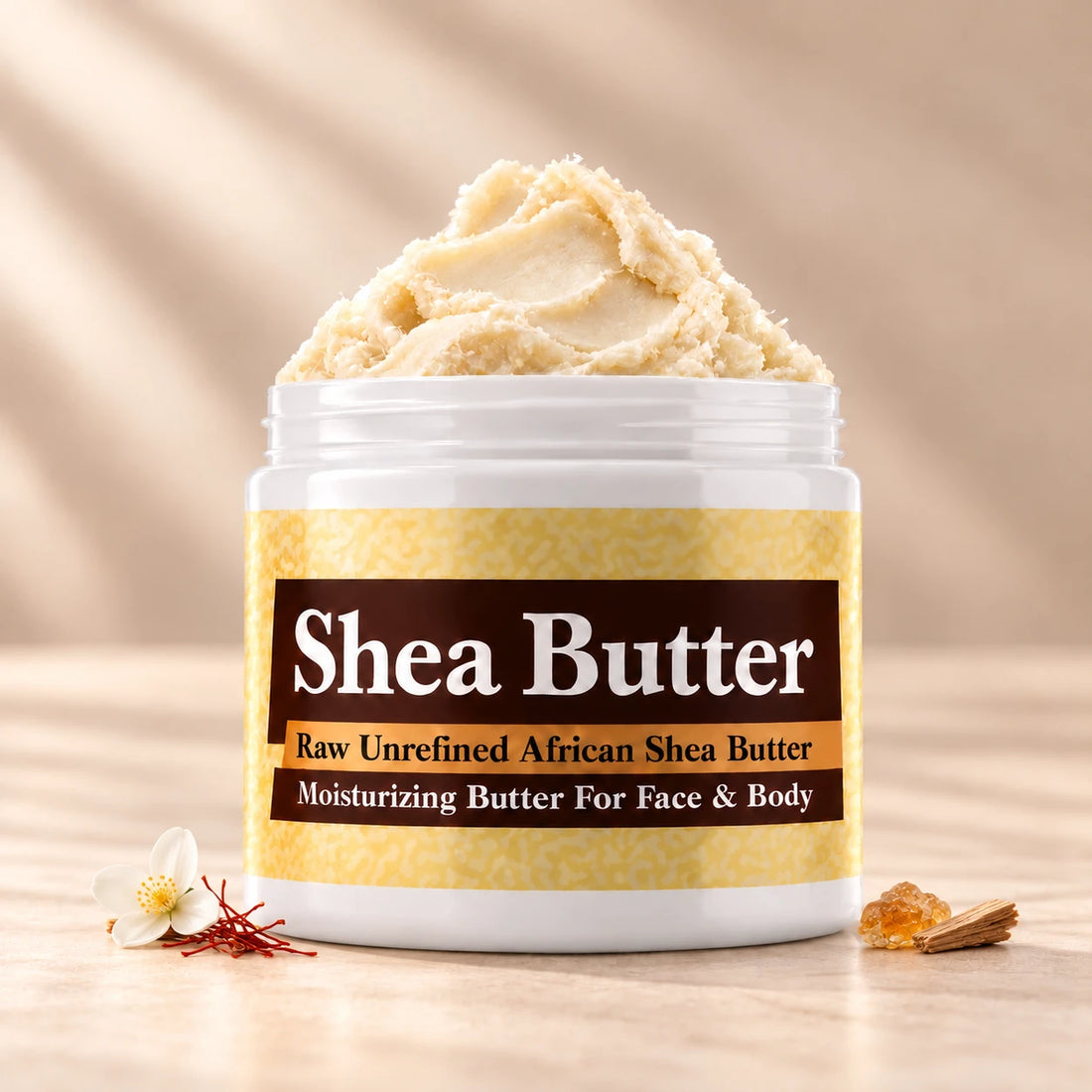 Imported Baccarat Rouge 540 Shea Butter in an open white jar with textured ivory shea butter and subtle scent accents on a soft cream background.