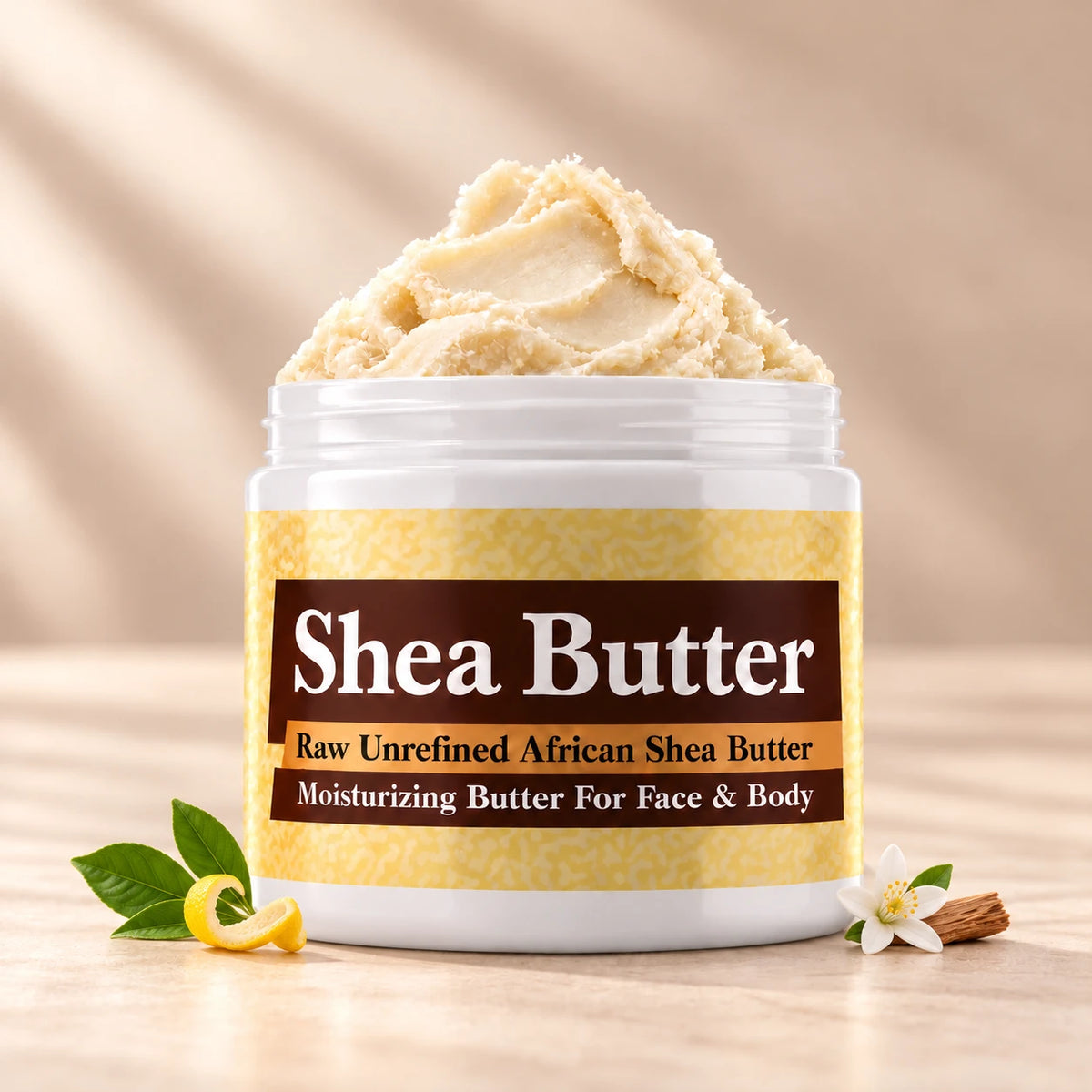 Imported Green Musk Shea Butter in an open white jar with textured ivory shea butter and subtle scent accents on a soft cream background.