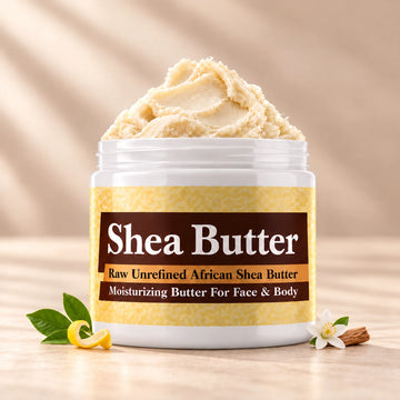 Imported Green Musk Shea Butter in an open white jar with textured ivory shea butter and subtle scent accents on a soft cream background.