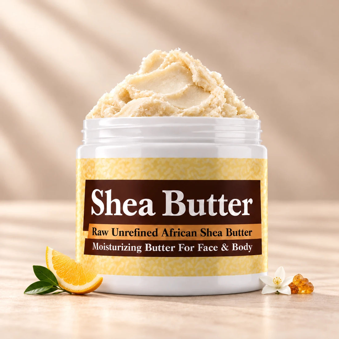 Imported Jannatul Firdaus Shea Butter in an open white jar with textured ivory shea butter and subtle scent accents on a soft cream background.
