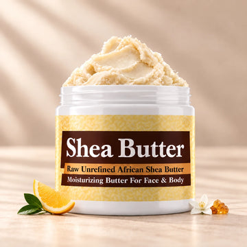 Imported Jannatul Firdaus Shea Butter in an open white jar with textured ivory shea butter and subtle scent accents on a soft cream background.