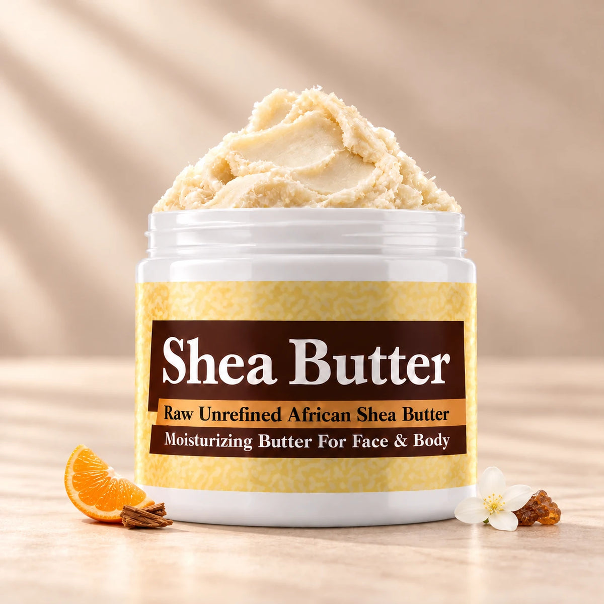 Imported Opium Shea Butter in an open white jar with textured ivory shea butter and subtle scent accents on a soft cream background.