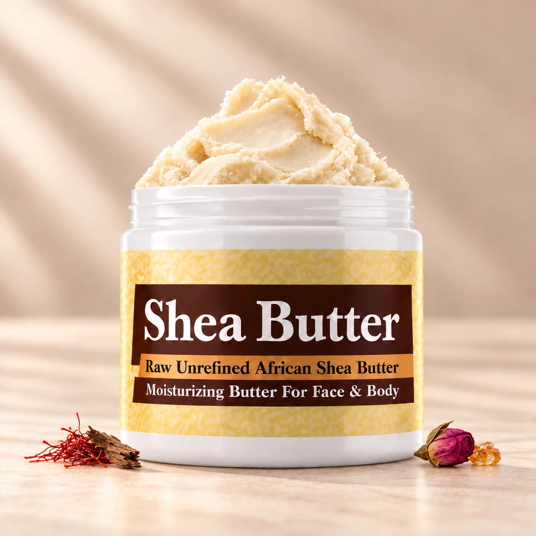 Imported Oud Al Mas Shea Butter in an open white jar with textured ivory shea butter and subtle scent accents on a soft cream background.