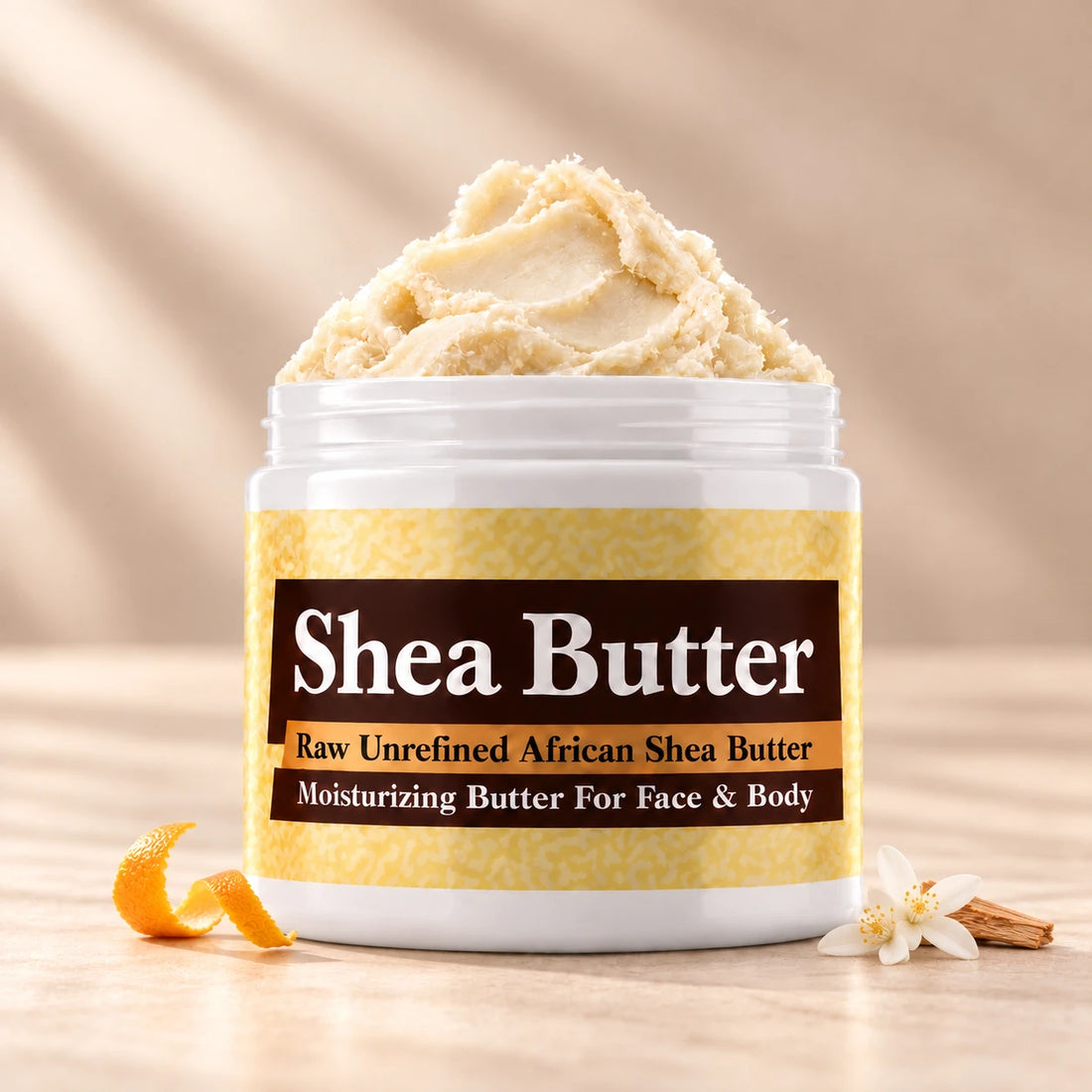 Imported Tahara Musk Shea Butter in an open white jar with textured ivory shea butter and subtle scent accents on a soft cream background.