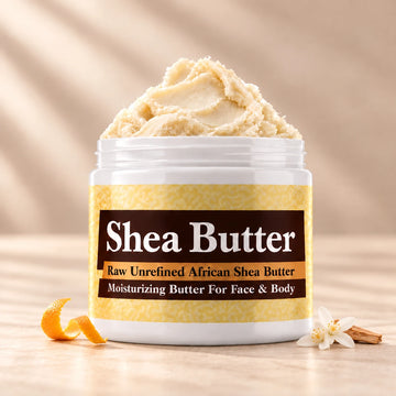 Imported Tahara Musk Shea Butter in an open white jar with textured ivory shea butter and subtle scent accents on a soft cream background.