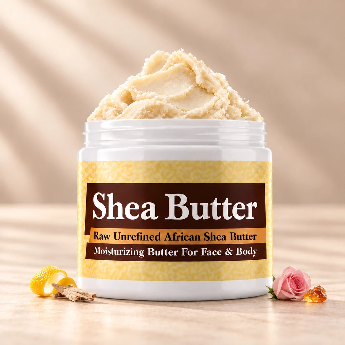 Imported White Oud Shea Butter in an open white jar with textured ivory shea butter and subtle scent accents on a soft cream background.