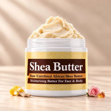 Imported White Oud Shea Butter in an open white jar with textured ivory shea butter and subtle scent accents on a soft cream background.