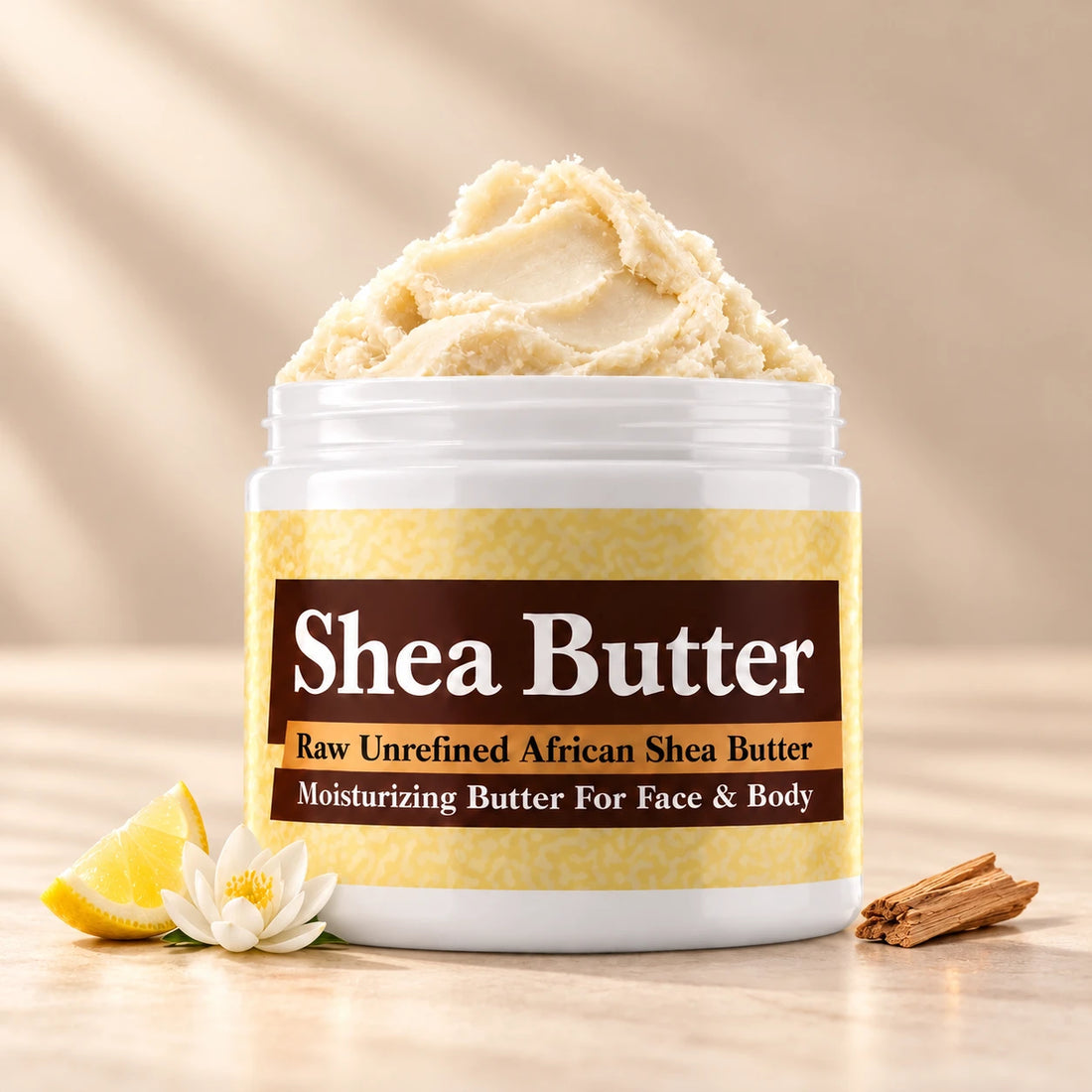 Issey Miyake Shea Butter in an open white jar with textured ivory shea butter and simple scent accents on a soft cream background.