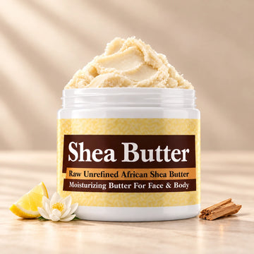 Issey Miyake Shea Butter in an open white jar with textured ivory shea butter and simple scent accents on a soft cream background.