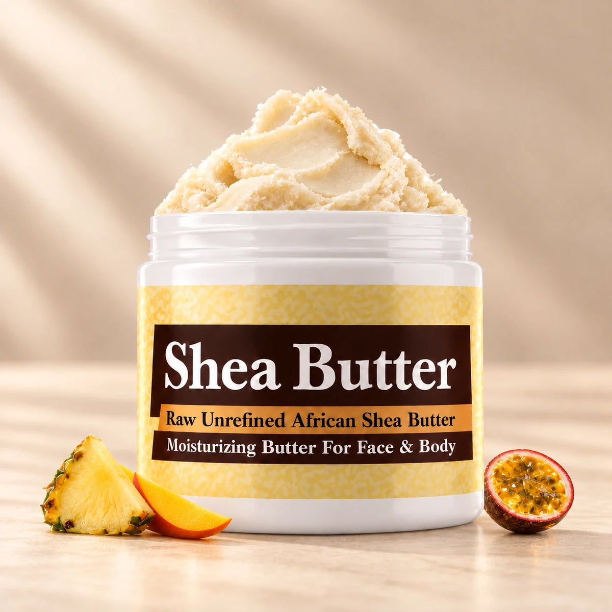 Jamaican Fruit Shea Butter in an open white jar with textured ivory shea butter and simple scent accents on a soft cream background.
