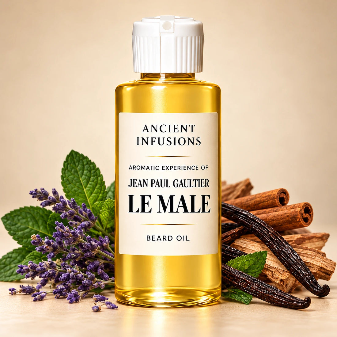 Ancient Infusions Jean Paul Gaultier Le Male aromatic experience beard oil bottle with a white cap and cream label