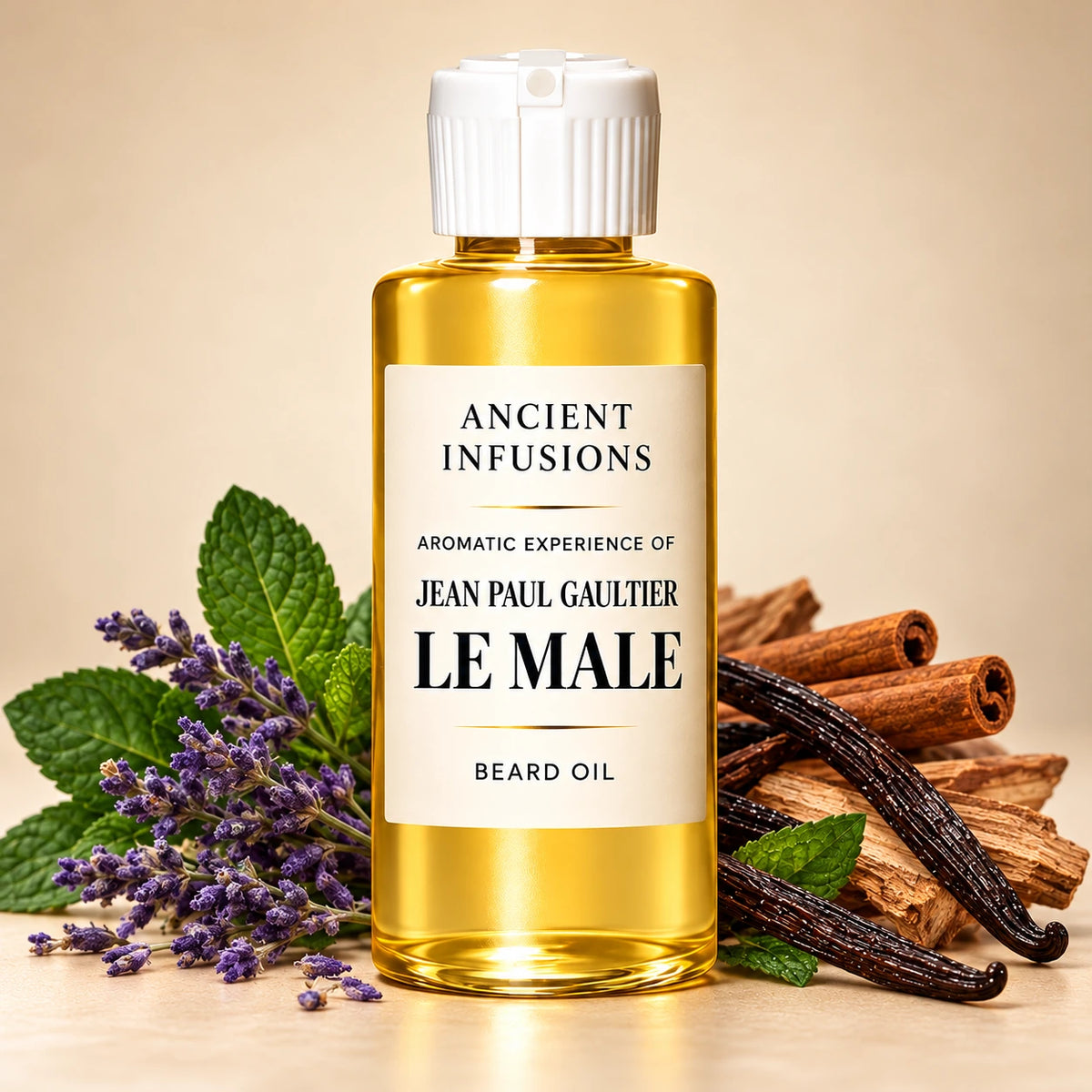 Ancient Infusions Jean Paul Gaultier Le Male aromatic experience beard oil bottle with a white cap and cream label