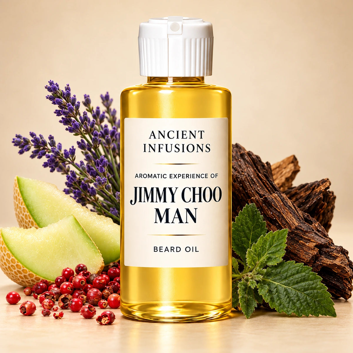 Ancient Infusions Jimmy Choo Man aromatic experience beard oil bottle with a white cap and cream label