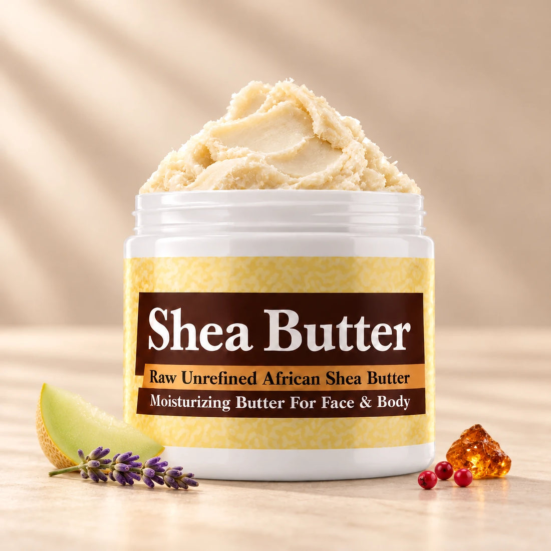 Jimmy Choo Man Shea Butter in an open white jar with textured ivory shea butter and simple scent accents on a soft cream background.
