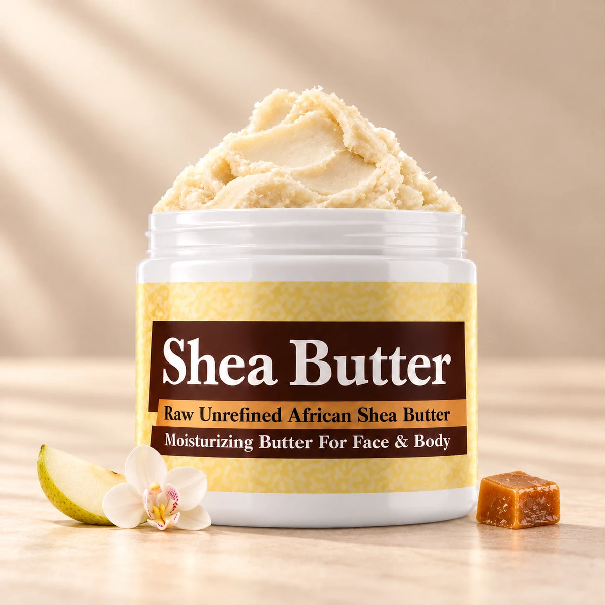 Jimmy Choo Woman Shea Butter in an open white jar with textured ivory shea butter and simple scent accents on a soft cream background.