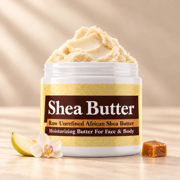 Jimmy Choo Woman Shea Butter in an open white jar with textured ivory shea butter and simple scent accents on a soft cream background.