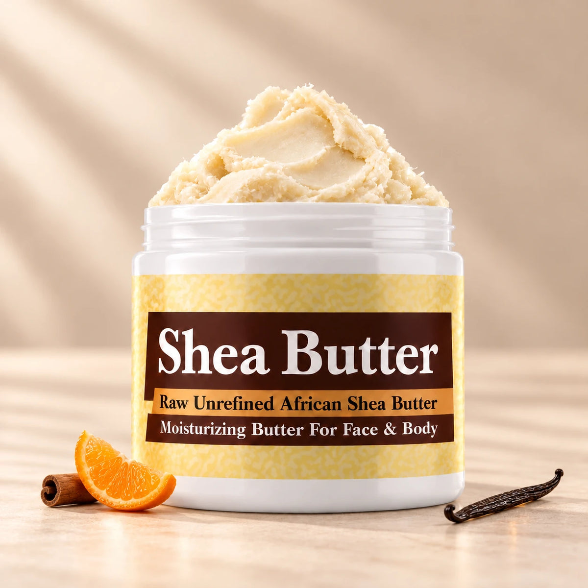 Joop Shea Butter in an open white jar with textured ivory shea butter and simple scent accents on a soft cream background.