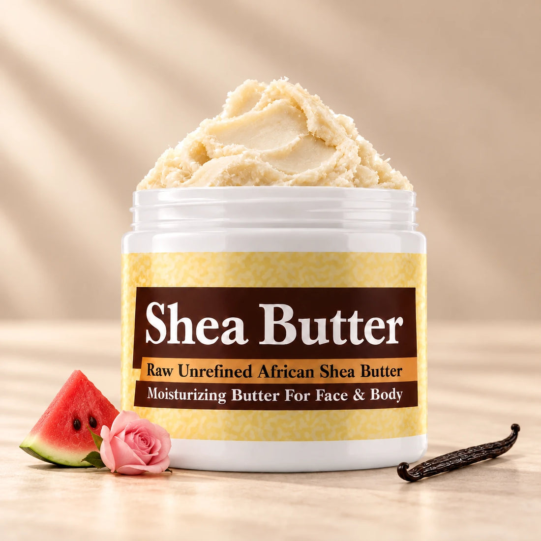 Juicy Couture Shea Butter in an open white jar with textured ivory shea butter and simple scent accents on a soft cream background.