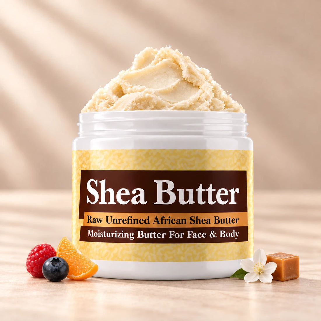 Juicy Couture Viva La Juicy Shea Butter in an open white jar with textured ivory shea butter and subtle scent accents on a soft cream background.