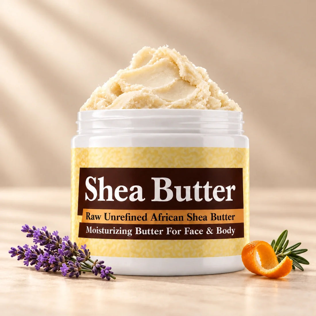 Lavender Shea Butter in an open white jar with textured ivory shea butter and subtle scent accents on a soft cream background.