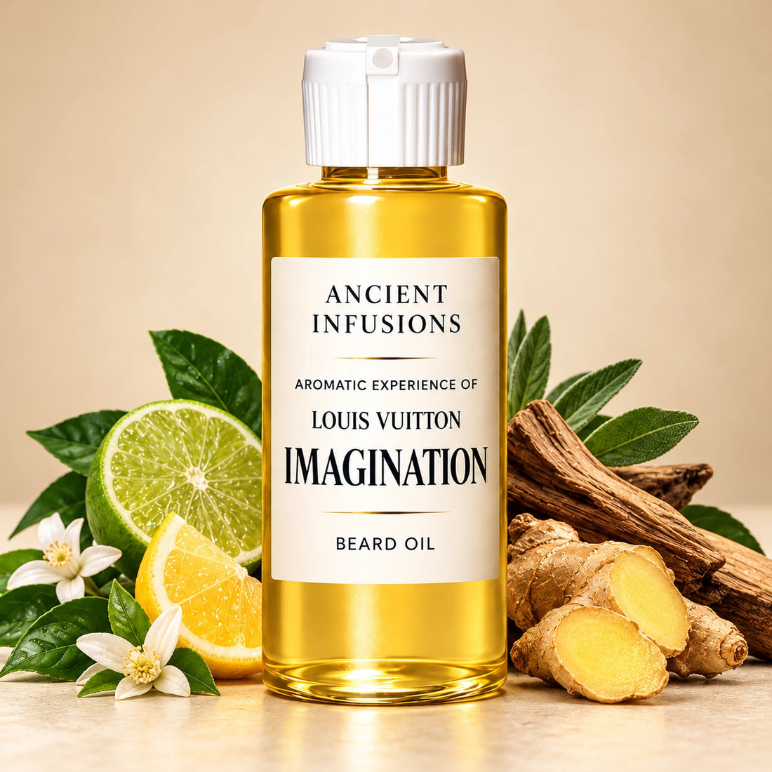 Ancient Infusions Louis Vuitton Imagination aromatic experience beard oil bottle with a white cap and cream label