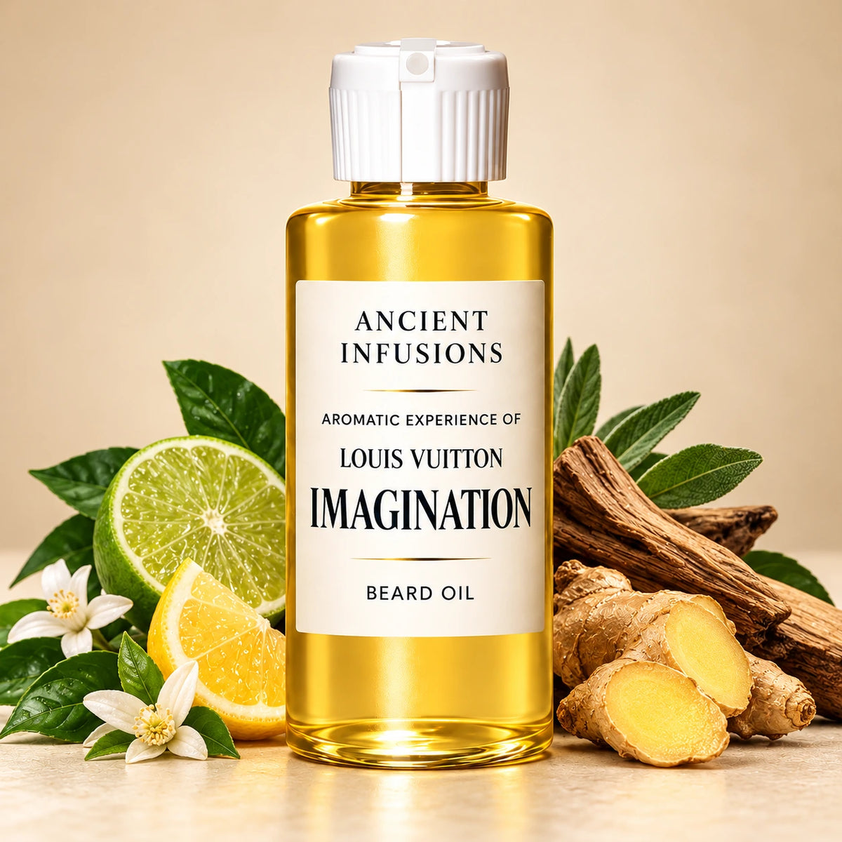 Ancient Infusions Louis Vuitton Imagination aromatic experience beard oil bottle with a white cap and cream label