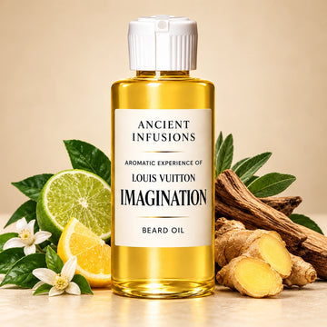 Ancient Infusions Louis Vuitton Imagination aromatic experience beard oil bottle with a white cap and cream label