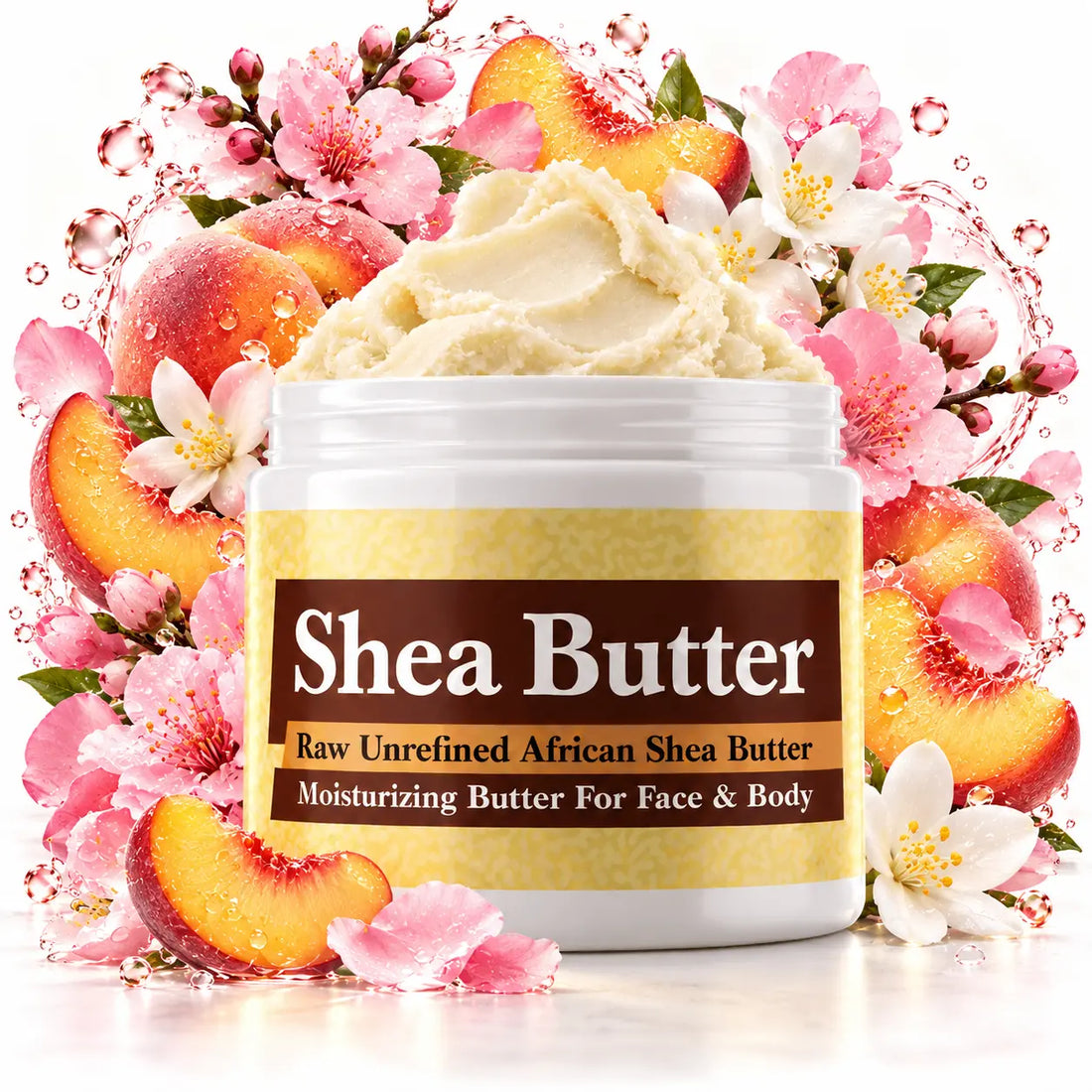 Love Spell shea butter jar with peach, cherry blossom, jasmine, soft florals and white musk fragrance accents.