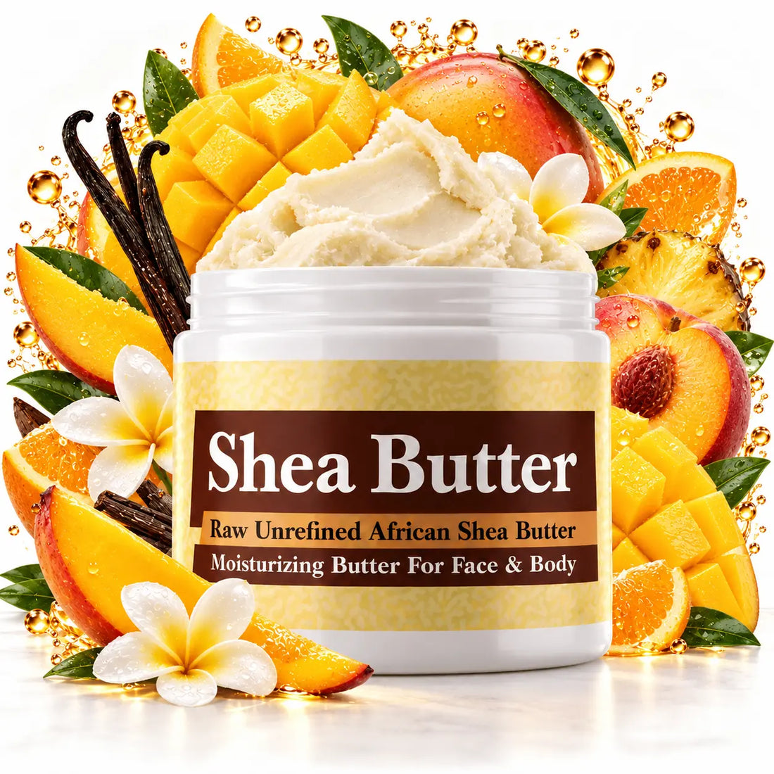 Mango Butter shea butter jar with ripe mango, sweet citrus, peach, tropical fruit, vanilla and soft musk fragrance accents.
