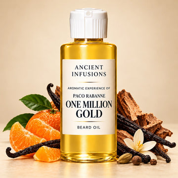 Ancient Infusions Paco Rabanne One Million Gold aromatic experience beard oil bottle with a white cap and cream label