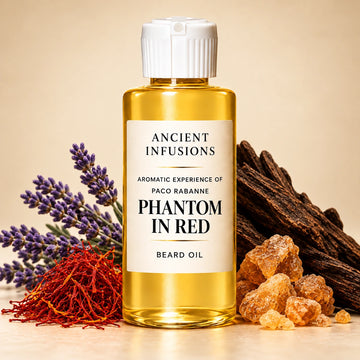 Ancient Infusions Paco Rabanne Phantom In Red aromatic experience beard oil bottle with a white cap and cream label