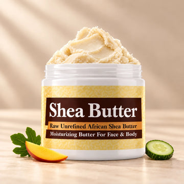 Paris Hilton for Men Shea Butter in an open white jar with textured ivory shea butter and simple scent accents on a soft cream background.