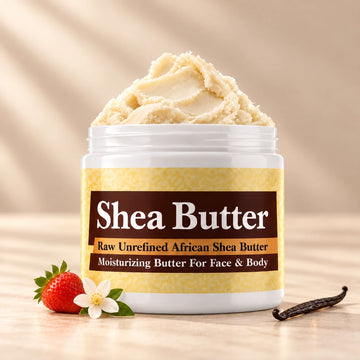 Pink Pu**y Shea Butter in an open white jar with textured ivory shea butter and simple scent accents on a soft cream background.