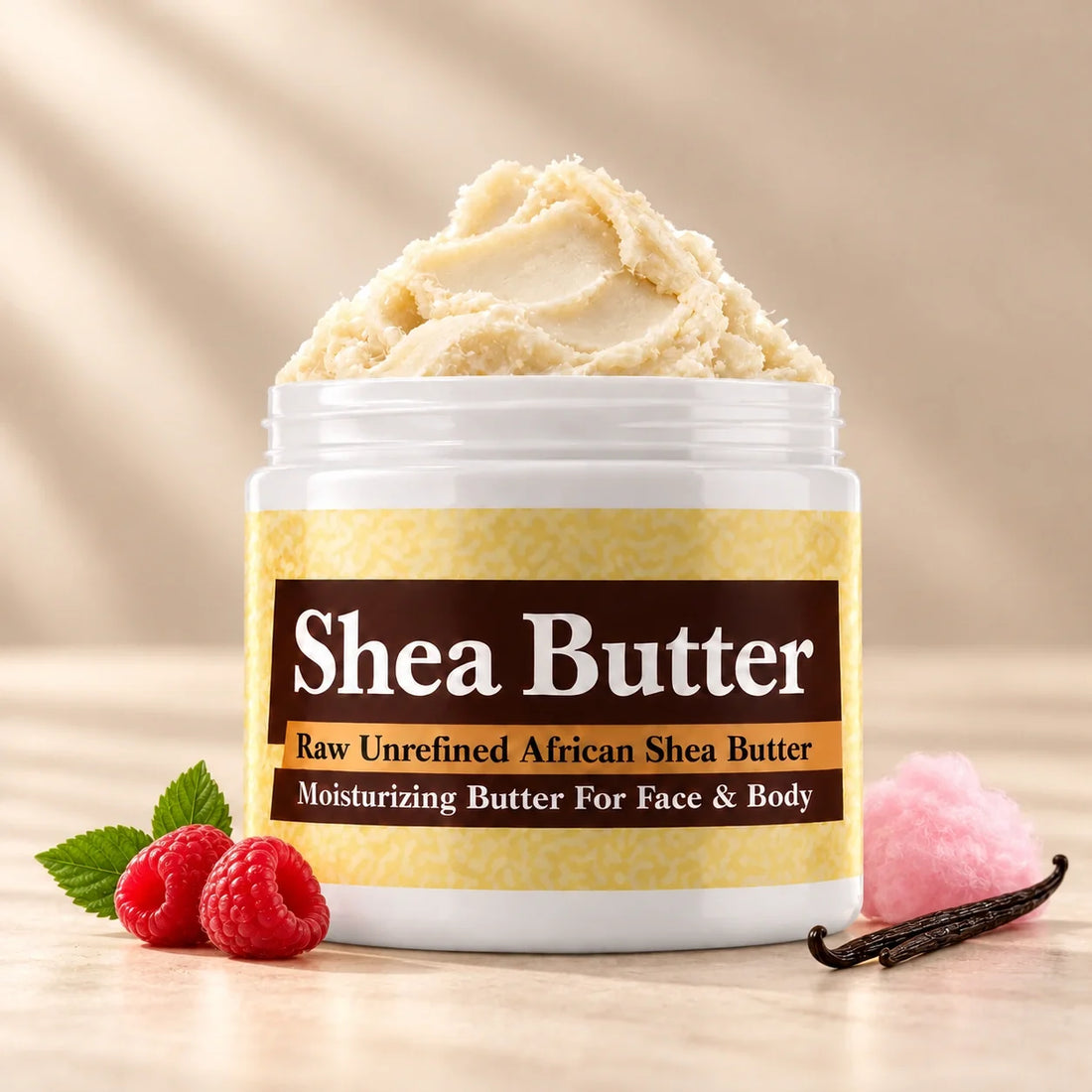Pink Sugar Shea Butter in an open white jar with textured ivory shea butter and subtle scent accents on a soft cream background.