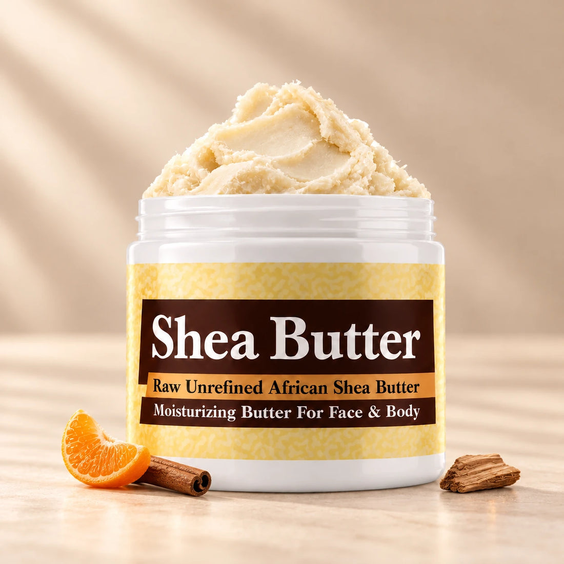 Playboy London Shea Butter in an open white jar with textured ivory shea butter and simple scent accents on a soft cream background.